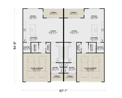Main Floor: Duplex, 2-car garages, Kitchens, Living, Dining, Pantries, Ldry, PWDR, Entry, 2 Porches each, 10' ceilings. House Plan # 4100-00058 Main Floor  Floor Plan Drawing by America's Best House Plans, Inc.