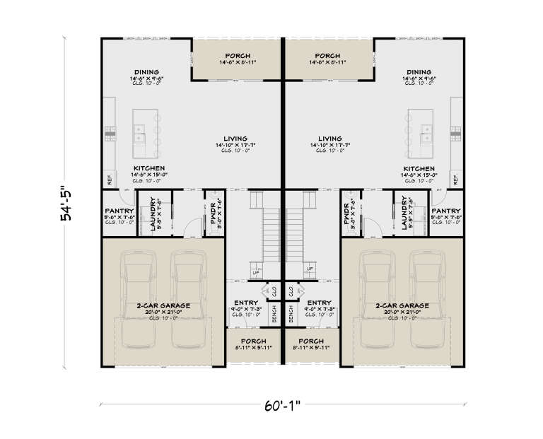 Main Floor: Duplex, 2-car garages, Kitchens, Living, Dining, Pantries, Ldry, PWDR, Entry, 2 Porches each, 10' ceilings. House Plan # 4100-00058 Main Floor  Floor Plan Drawing by America's Best House Plans, Inc.
