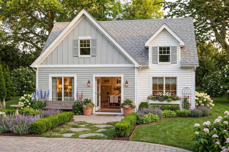 Grey Cottage, Front Elevation with board-and-batten siding, stone patio, lantern lights, window boxes, and lush garden. House Plan # 963-01326 Digital Rendering by America's Best House Plans, Inc.