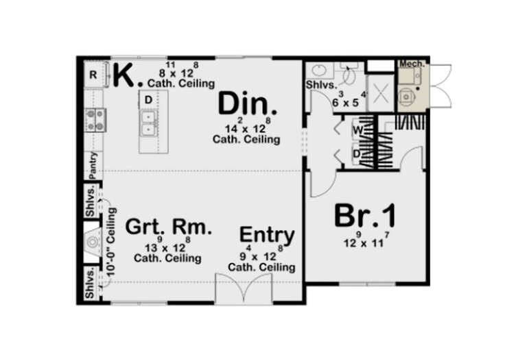 Main Floor: 1BR, 1BA, Kitchen, Dining, Great Room, Entry, Pantry, Ldry, Mech room. Cath. ceilings, 10' ceiling in Great Rm. House Plan # 963-01326 Main Floor Floor Plan Drawing by America's Best House Plans, Inc.