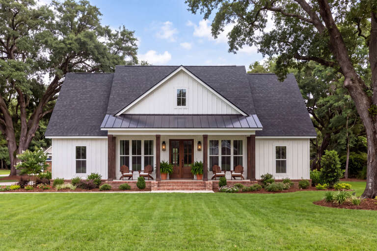 White Modern Farmhouse, Front Elevation, board-and-batten siding, brick porch, dark wood posts, lanterns, lush lawn. House Plan # 041-00455 Digital Rendering by America's Best House Plans, Inc.