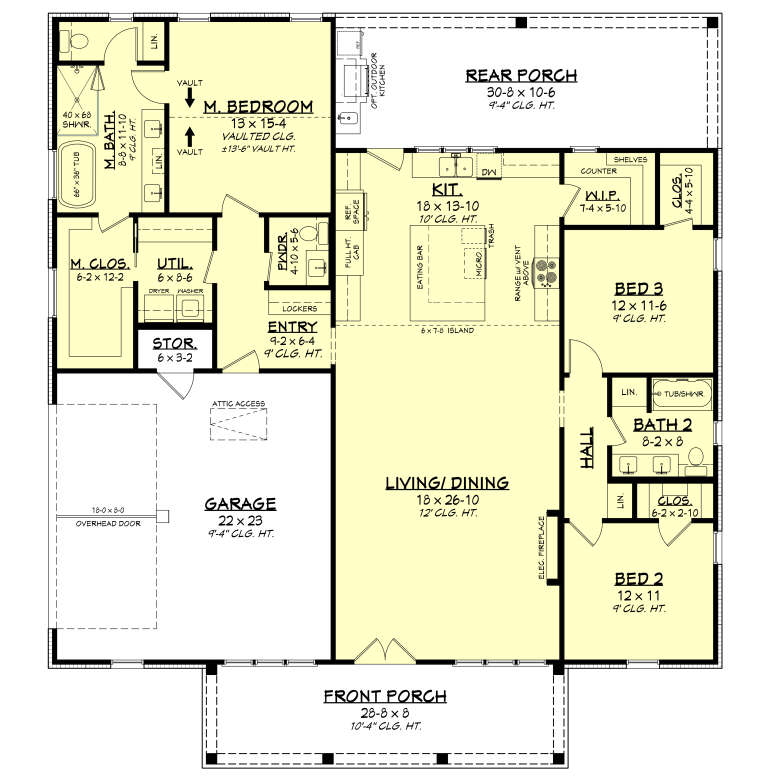 Main Floor: 3BR, 2.5BA, Kit, Living/Dining, Ldry, 2-car garage, 2 porches, WIP, WIC. Vaulted MBR, Elec fireplace. House Plan # 041-00455 Main Floor  Floor Plan Drawing by America's Best House Plans, Inc.