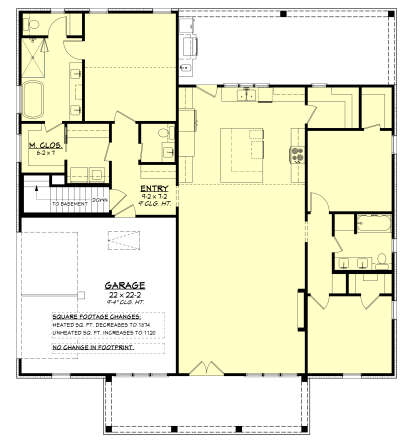 Main Floor w/ Basement Stairs: 2BR, 2BA, Kitchen, Living, Entry, Ldry, 2-car garage, Porch. M. Suite w/ WIC. Unheated: garage. House Plan # 041-00455 Main Floor w/ Basement Stairs Location Floor Plan Drawing by America's Best House Plans, Inc.