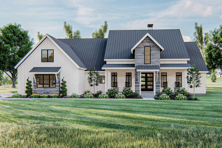 White Modern Farmhouse, Front Elevation with board-and-batten siding, metal roof, stone accents, and manicured landscaping. House Plan # 963-01327 Digital Rendering by America's Best House Plans, Inc.