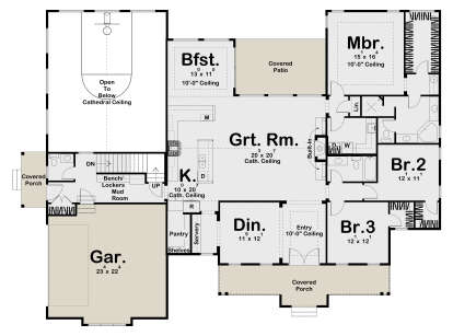 Main Floor: 3BR, 2.5BA, Grt Rm, Kitchen, Dining, Brkfst, Mud Rm, 2-car garage, 2 porches, patio, cath ceilings, stairs. House Plan # 963-01327 Main Floor Floor Plan Drawing by America's Best House Plans, Inc.