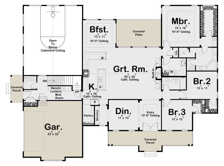 Main Floor: 3BR, 2.5BA, Grt Rm, Kitchen, Dining, Brkfst, Mud Rm, 2-car garage, 2 porches, patio, cath ceilings, stairs. House Plan # 963-01327 Main Floor Floor Plan Drawing by America's Best House Plans, Inc.