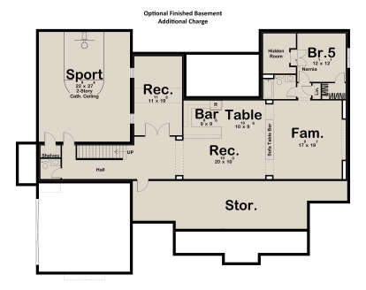 Basement: 1BR, 1BA, Sport court (2-story, cath. ceiling), Rec rooms, Bar, Family room, Hidden room, Storage, Stairs. House Plan # 963-01327 Basement Floor Plan Drawing by America's Best House Plans, Inc.