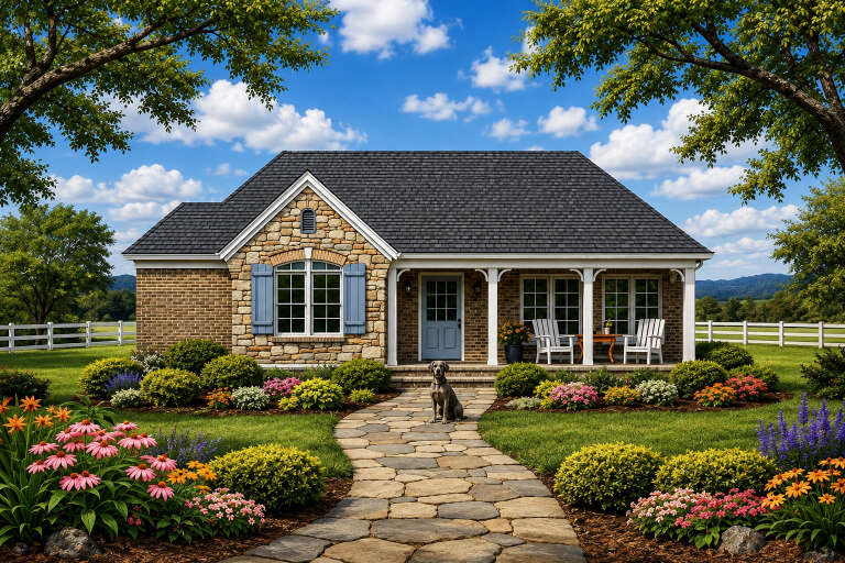 Tan Cottage, Front Elevation with stone and brick facade, blue shutters, flagstone path, lush garden, and porch seating. House Plan # 8292-00052 Digital Rendering by America's Best House Plans, Inc.