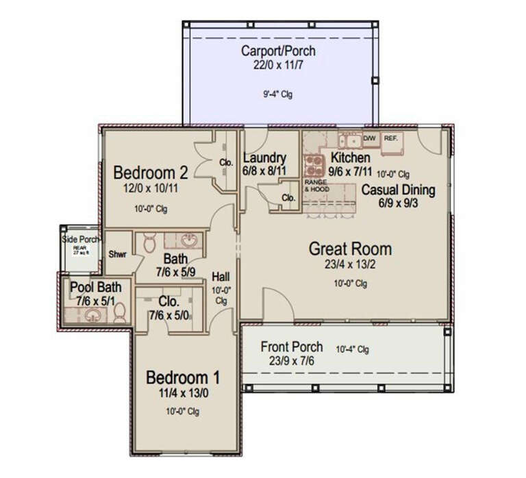 Main Floor: 2BR, 2BA, Great Room, Kitchen, Casual Dining, Ldry, Closets. 10' ceilings. Carport/Porch, Front & Side Porches. House Plan # 8292-00052 Main Floor  Floor Plan Drawing by America's Best House Plans, Inc.