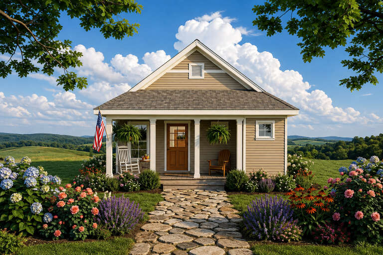 Tan Cottage, Front Elevation with lap siding, wooden door, flag, stone path, lush flower garden, and porch rockers. House Plan # 8292-00053 Digital Rendering by America's Best House Plans, Inc.