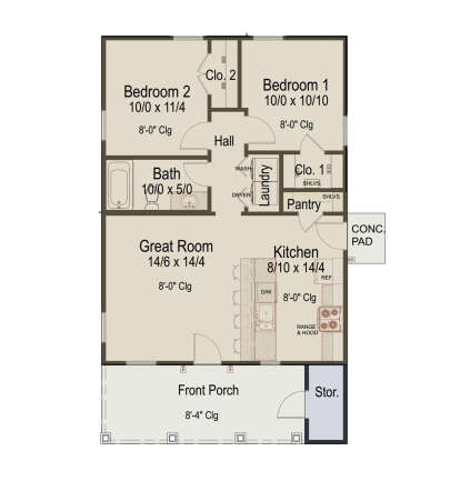 Main Floor: 2BR, 1BA, Great Room, Kitchen, Pantry, Ldry, 2 Closets, Front Porch, Storage, Conc. Pad. 8' ceilings. House Plan # 8292-00053 Main Floor  Floor Plan Drawing by America's Best House Plans, Inc.