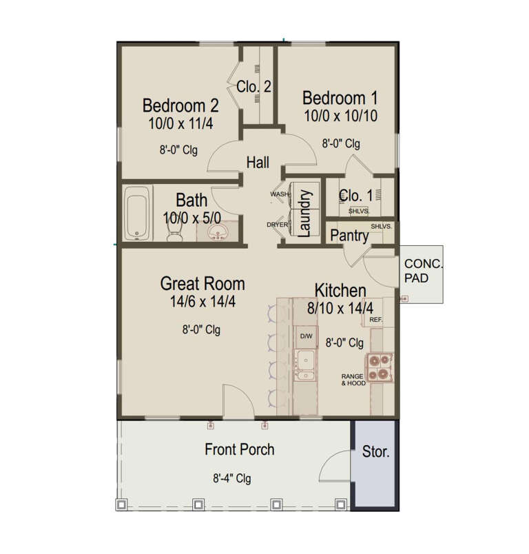 Main Floor: 2BR, 1BA, Great Room, Kitchen, Pantry, Ldry, 2 Closets, Front Porch, Storage, Conc. Pad. 8' ceilings. House Plan # 8292-00053 Main Floor  Floor Plan Drawing by America's Best House Plans, Inc.