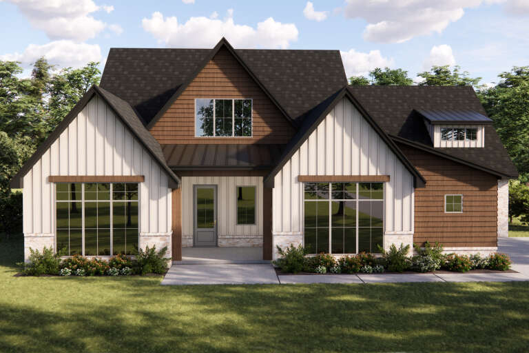 White and Brown Craftsman, Front Elevation with board-and-batten siding, stone base, metal roof accents, and landscaping. House Plan # 5105-00025 Digital Rendering by America's Best House Plans, Inc.