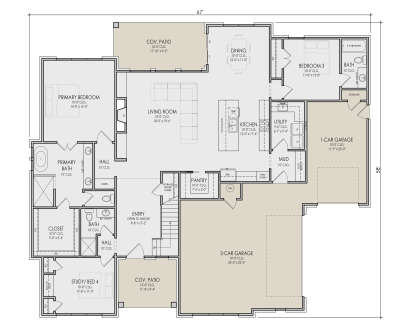 Main Floor: 4BR, 3BA, Living, Kitchen, Dining, Pantry, Ldry, Mud, 3-car garage, 2 Cov. Patios, FP, Stairs, 10' ceilings. House Plan # 5105-00025 Main Floor  Floor Plan Drawing by America's Best House Plans, Inc.