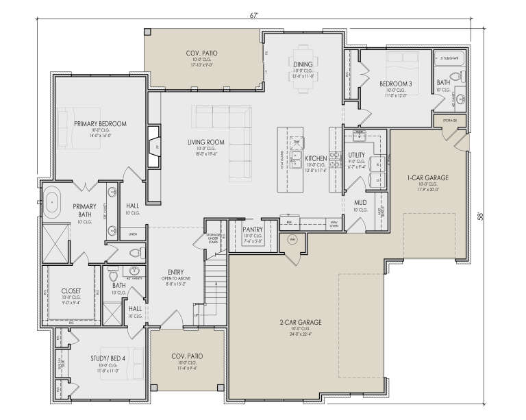 Main Floor: 4BR, 3BA, Living, Kitchen, Dining, Pantry, Ldry, Mud, 3-car garage, 2 Cov. Patios, FP, Stairs, 10' ceilings. House Plan # 5105-00025 Main Floor  Floor Plan Drawing by America's Best House Plans, Inc.