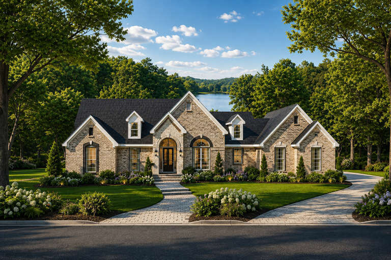 Tan French Country, Front Elevation with brick siding, arched entryway, dark roof, lush landscaping, and stone walkway. House Plan # 8292-00054 Digital Rendering by America's Best House Plans, Inc.