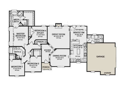 Main Floor: 4BR, 2.5BA, Great Rm w/ FP, Dining, Kitchen, Brkfst, Ldry, Porch, 2-car garage w/ storage. 10-12ft ceilings. House Plan # 8292-00054 Main Floor  Floor Plan Drawing by America's Best House Plans, Inc.