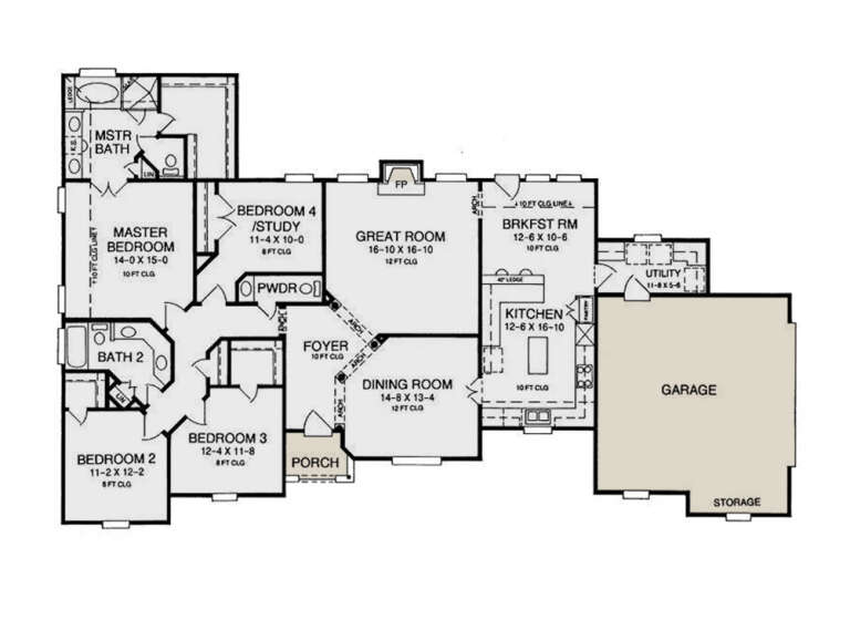 Main Floor: 4BR, 2.5BA, Great Rm w/ FP, Dining, Kitchen, Brkfst, Ldry, Porch, 2-car garage w/ storage. 10-12ft ceilings. House Plan # 8292-00054 Main Floor  Floor Plan Drawing by America's Best House Plans, Inc.