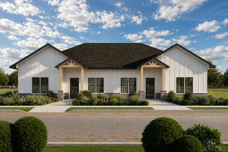 White Modern Farmhouse, Front Elevation with board-and-batten siding, stone base, timber porch accents, and landscaping. House Plan # 4100-00059 Digital Rendering by America's Best House Plans, Inc.