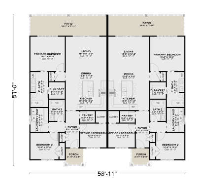 Main Floor: Duplex, 2 units, each 2BR, 2BA, Living, Dining, Kitchen, Pantry, Ldry/Mud, Foyer, WIC, 10' ceilings, Patio, Porch. House Plan # 4100-00059 Main Floor Floor Plan Drawing by America's Best House Plans, Inc.