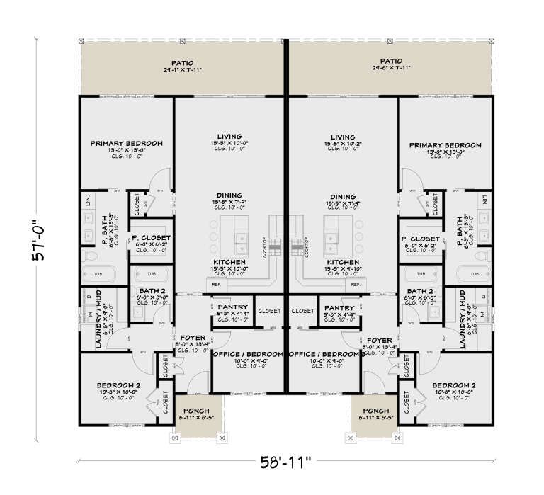 Main Floor: Duplex, 2 units, each 2BR, 2BA, Living, Dining, Kitchen, Pantry, Ldry/Mud, Foyer, WIC, 10' ceilings, Patio, Porch. House Plan # 4100-00059 Main Floor Floor Plan Drawing by America's Best House Plans, Inc.