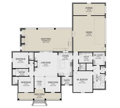 Main Floor: 3BR, 2.5BA, Living, Dining, Kitchen, Pantry, Utility, 2-car garage, Storage, 2 Porches, 2 Fireplaces, 10' clg. House Plan # 2473-00016 Main Floor Floor Plan Drawing by America's Best House Plans, Inc.