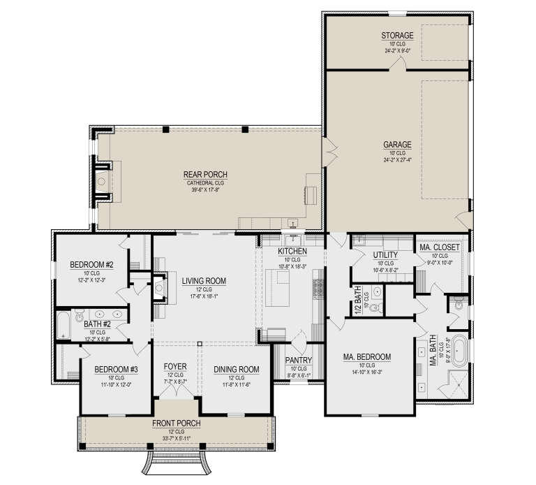 Main Floor: 3BR, 2.5BA, Living, Dining, Kitchen, Pantry, Utility, 2-car garage, Storage, 2 Porches, 2 Fireplaces, 10' clg. House Plan # 2473-00016 Main Floor Floor Plan Drawing by America's Best House Plans, Inc.