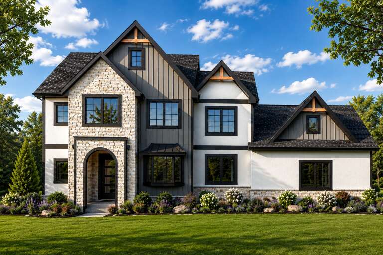 Grey and white European Front Elevation, stone and board-batten siding, arched entry, black trim, lush landscaping. House Plan # 5032-00485 Digital Rendering by America's Best House Plans, Inc.