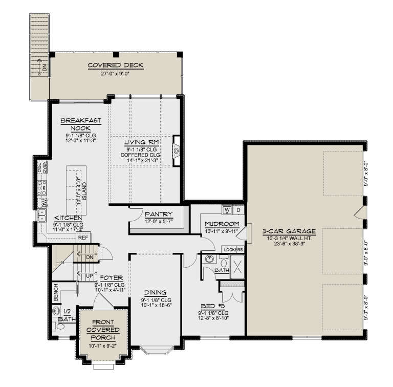 Main Floor: 1BR, 1.5BA, Kitchen, Dining, Living, Brkfst, Pantry, Mudroom, 3-car garage, Stairs, Covered Deck, Front Porch. House Plan # 5032-00485 Main Floor Floor Plan Drawing by America's Best House Plans, Inc.