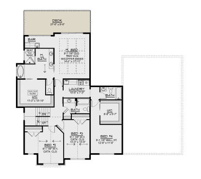 Second Floor: 3BR, 3BA, Ldry, Deck, Bar. WIC, Tray ceiling in Master, Cath. ceilings in BR 2 & 3. Stairs. House Plan # 5032-00485 Second Floor Floor Plan Drawing by America's Best House Plans, Inc.