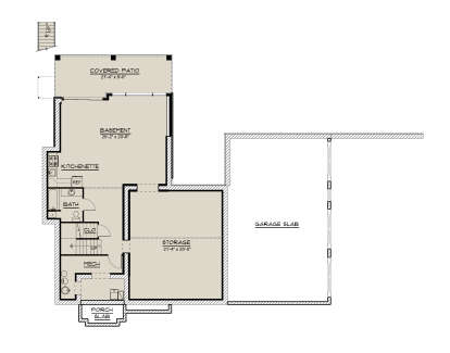 Basement: 1 BA, Kitchenette, Storage, Mech room, Stairs, Covered Patio, Porch slab. Unheated: Garage slab, Storage, Patio. House Plan # 5032-00485 Basement Floor Plan Drawing by America's Best House Plans, Inc.