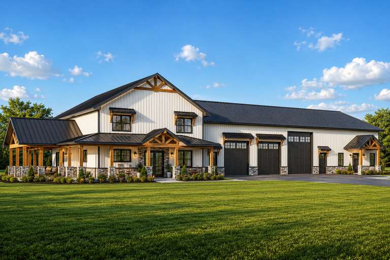 White Barndominium, Angled Front Elevation, board-and-batten siding, stone base, timber accents, metal roof, garage bays. House Plan # 5032-00486 Digital Rendering by America's Best House Plans, Inc.