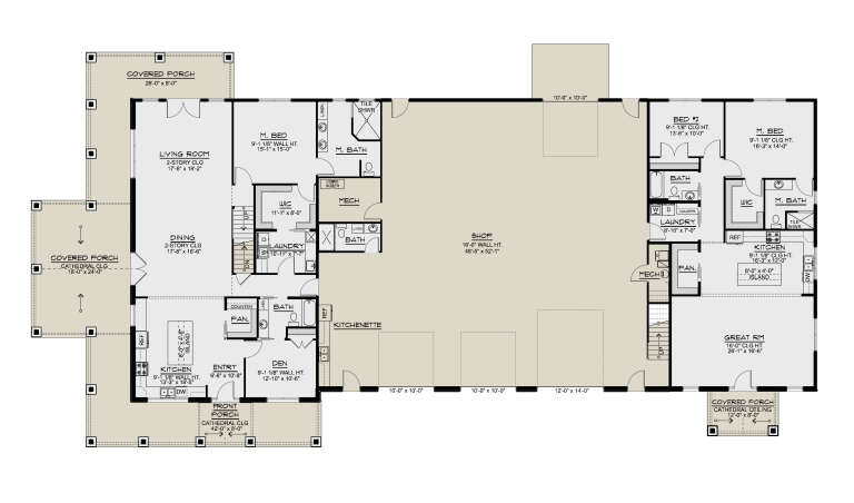 Main Floor: 3BR, 3BA, 2 Kitchens, Living, Dining, Great Rm, Den, Ldry, Shop, 3 Porches, WIC, Stairs. Cathedral ceilings. House Plan # 5032-00486 Main Floor  Floor Plan Drawing by America's Best House Plans, Inc.