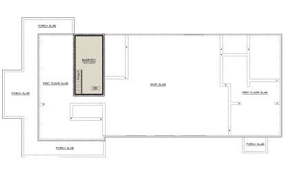 Basement level, 14'x30' basement room, stairs, combi boiler, shop slab, multiple porch slabs, first floor slab areas. House Plan # 5032-00486 Basement Floor Plan Drawing by America's Best House Plans, Inc.