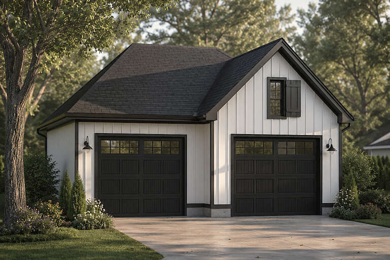 White Modern Farmhouse, Angled Front Elevation, board-and-batten siding, black garage doors, sconce lighting, landscaping. House Plan # 6261-00086 Digital Rendering by America's Best House Plans, Inc.