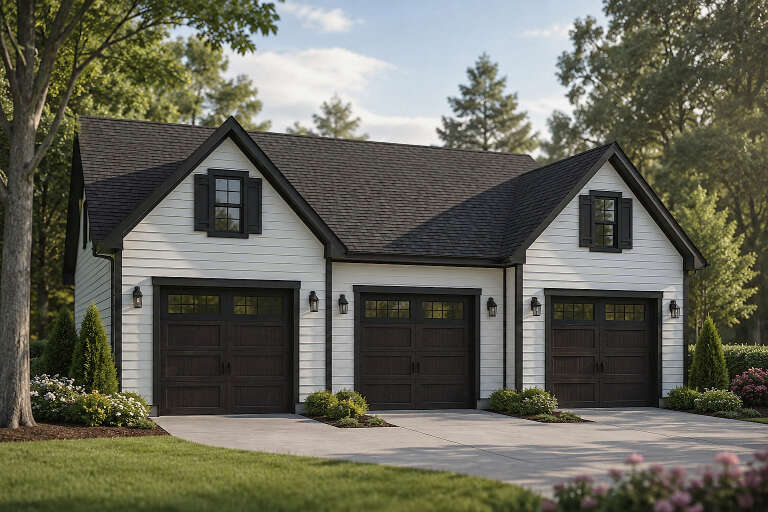 White Modern Farmhouse, Angled Front Elevation, horizontal siding, dark garage doors, lanterns, and lush landscaping. House Plan # 6261-00087 Digital Rendering by America's Best House Plans, Inc.