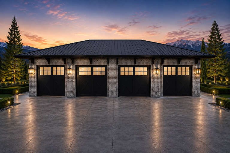 Grey Contemporary Front Elevation at Dusk, brick siding, four black carriage doors, lantern sconces, concrete driveway. House Plan # 2802-00575 Digital Rendering by America's Best House Plans, Inc.