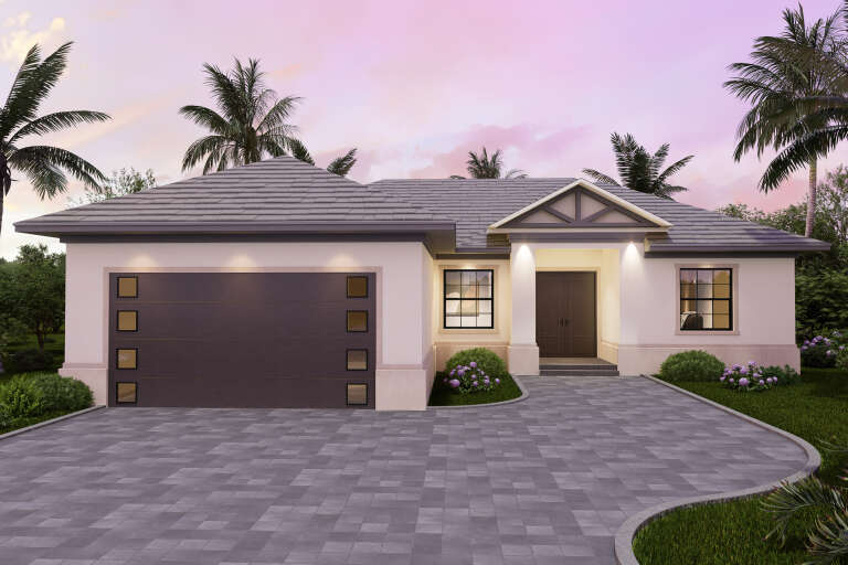 Beige Contemporary, Front Elevation at dusk, stucco siding, dark garage door, lit entryway, palm trees, paver driveway. House Plan # 5565-00185 Digital Rendering by America's Best House Plans, Inc.