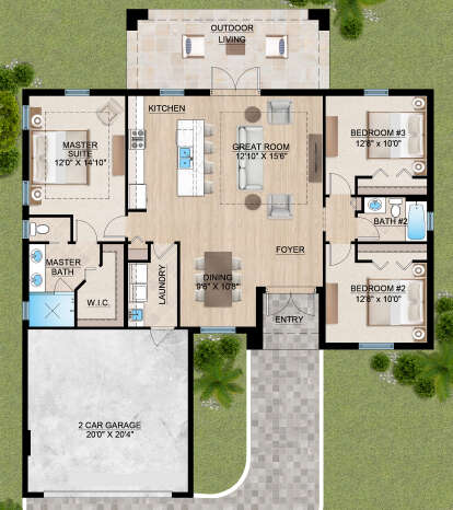 Main Floor: 3BR, 2BA, Great Room, Dining, Kitchen, Ldry, 2-car garage, WIC, Entry, Outdoor Living. Unheated: garage, patio. House Plan # 5565-00185 Main Floor Floor Plan Drawing by America's Best House Plans, Inc.