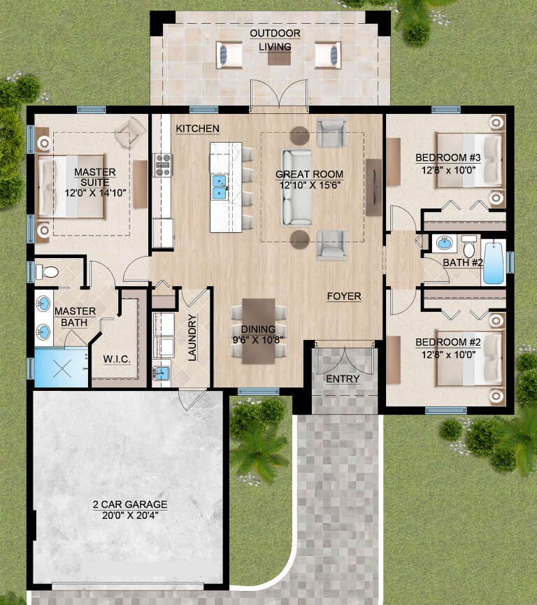 Main Floor: 3BR, 2BA, Great Room, Dining, Kitchen, Ldry, 2-car garage, WIC, Entry, Outdoor Living. Unheated: garage, patio. House Plan # 5565-00185 Main Floor Floor Plan Drawing by America's Best House Plans, Inc.