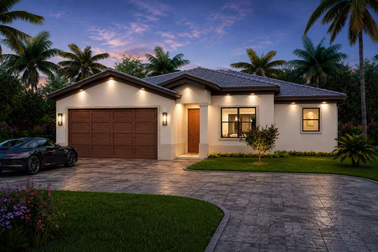 White Contemporary, Angled Front Elevation at dusk, stucco siding, stone base, lit soffits, palm trees, paver driveway. House Plan # 5565-00186 Digital Rendering by America's Best House Plans, Inc.
