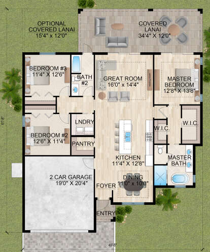 Main Floor: 3BR, 2BA, Great Room, Kitchen, Dining, Pantry, Ldry, 2-car garage, Entry, Covered Lanai, Opt. Lanai, 2 WICs. House Plan # 5565-00186 Main Floor Floor Plan Drawing by America's Best House Plans, Inc.