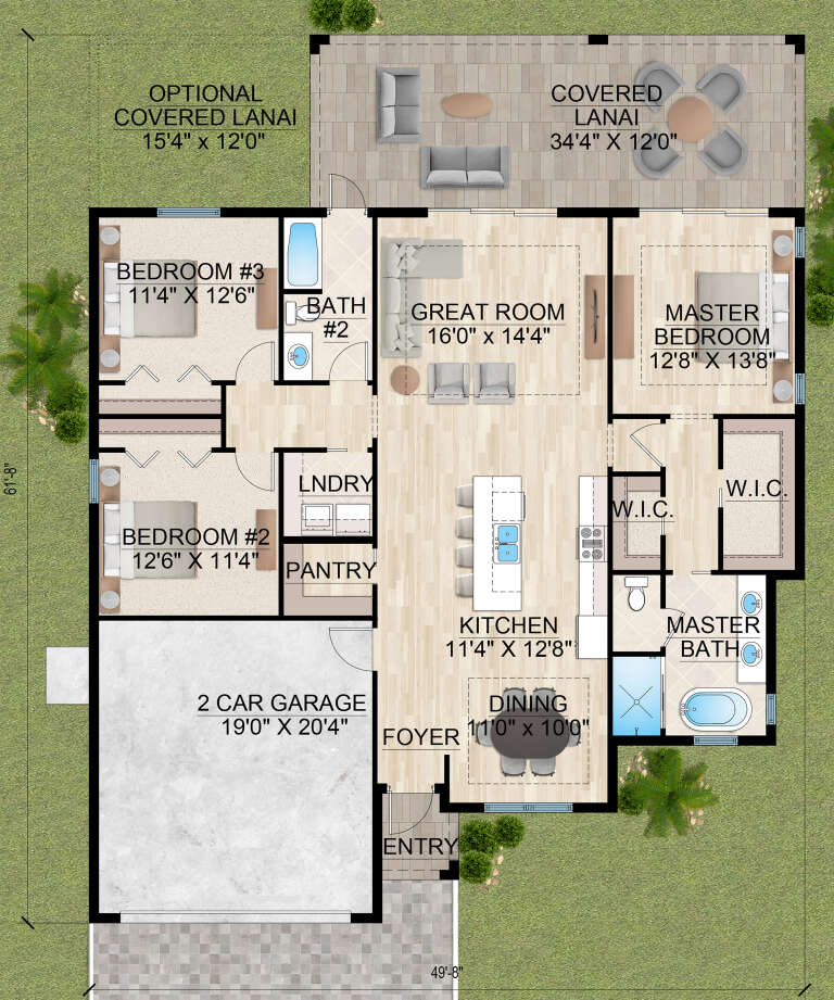 Main Floor: 3BR, 2BA, Great Room, Kitchen, Dining, Pantry, Ldry, 2-car garage, Entry, Covered Lanai, Opt. Lanai, 2 WICs. House Plan # 5565-00186 Main Floor Floor Plan Drawing by America's Best House Plans, Inc.