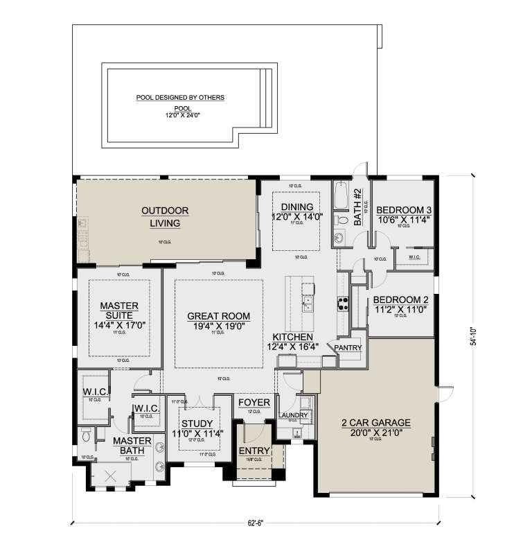 Main Floor: 3BR, 2BA, Great Room, Kitchen, Dining, Study, Ldry, 2-car garage, Outdoor Living, 2 WIC, Pantry. 10'-12' clgs. House Plan # 5565-00187 Main Floor Floor Plan Drawing by America's Best House Plans, Inc.