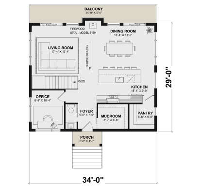 Main Floor: Office, 1/2 BA, Kitchen, Pantry, Mudroom, Living, Dining, Fireplace, Sloped Ceiling, Stairs, Porch, Balcony. House Plan # 034-01448 Main Floor Floor Plan Drawing by America's Best House Plans, Inc.