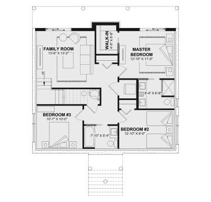 Basement: 3BR, 2BA, Family Room, Master WIC, stairs, porch. Unheated: porch area. House Plan # 034-01448 Basement Floor Plan Drawing by America's Best House Plans, Inc.