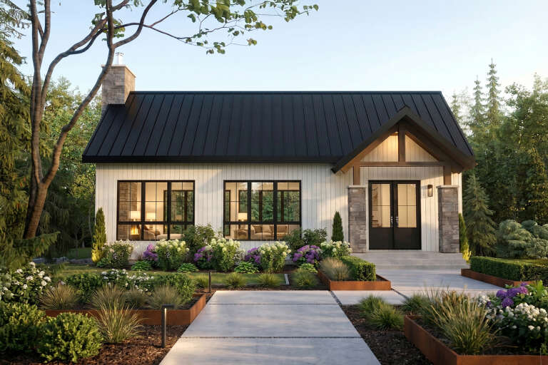 White Modern Farmhouse, Front Elevation, vertical siding, stone chimney, metal roof, lit porch, concrete path, gardens. House Plan # 034-01449 Digital Rendering by America's Best House Plans, Inc.