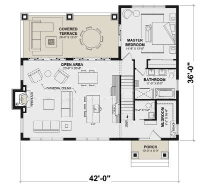 Main Floor: 1BR, 1BA, open area, kitchen, mudroom, stairs, fireplace, covered terrace, porch. Cathedral ceiling. House Plan # 034-01449 Main Floor Floor Plan Drawing by America's Best House Plans, Inc.