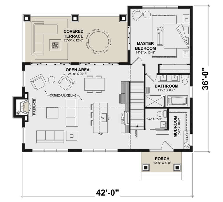 Main Floor: 1BR, 1BA, open area, kitchen, mudroom, stairs, fireplace, covered terrace, porch. Cathedral ceiling. House Plan # 034-01449 Main Floor Floor Plan Drawing by America's Best House Plans, Inc.