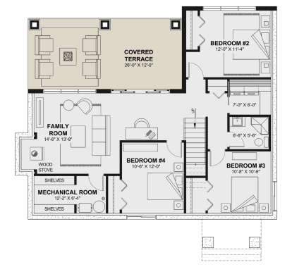 Basement: 3BR, 1BA, Family Room, Wood Stove, Mechanical Room, Covered Terrace, Stairs. Unheated: Covered Terrace area. House Plan # 034-01449 Basement Floor Plan Drawing by America's Best House Plans, Inc.